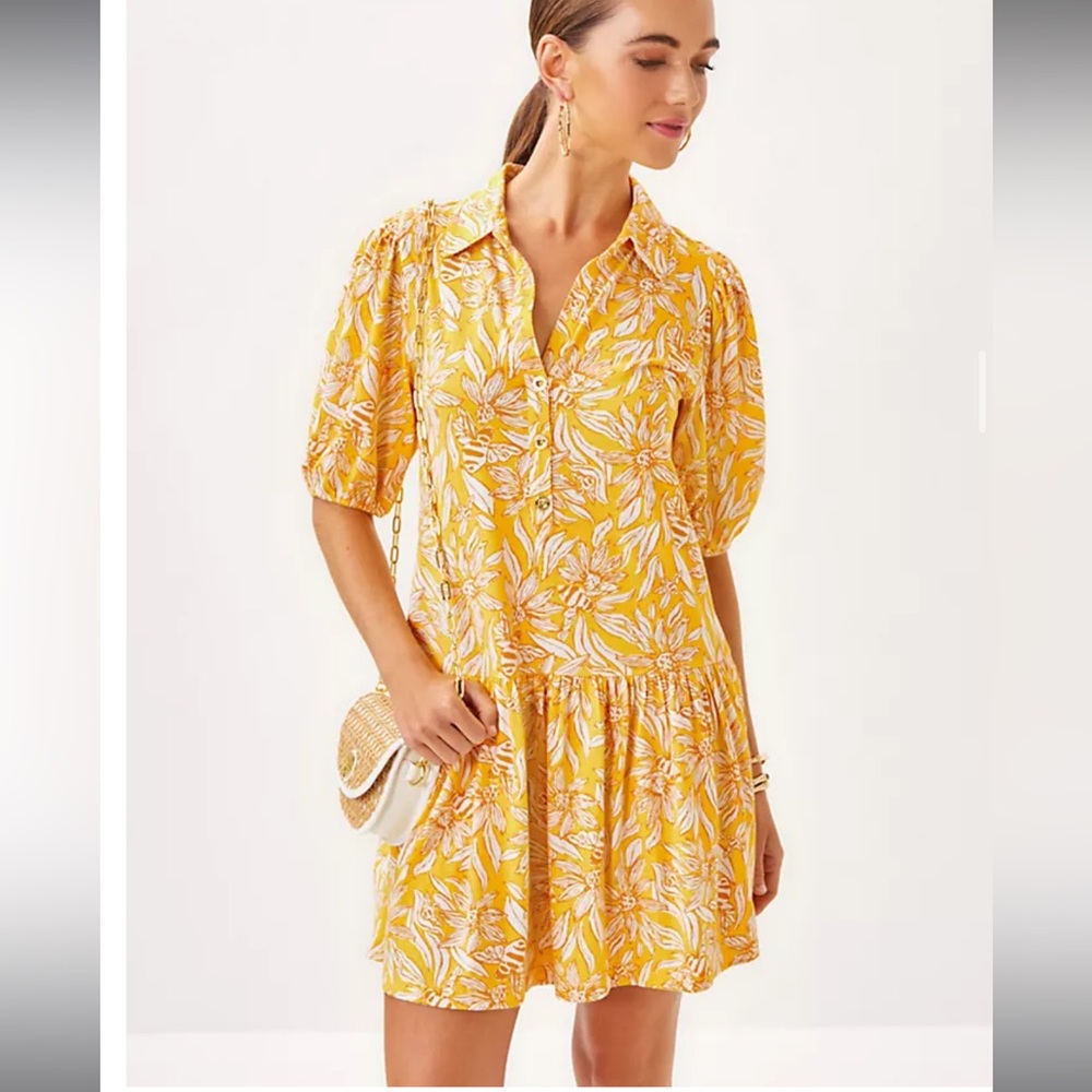 Lilly Pulitzer Yellow and White Floral Riviera Shirt Dress